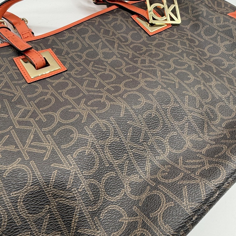 Calvin Klein Tote Bag Womens Large Brown Orange Logo Monogram Shoulder Purse CK - Picture 4 of 11
